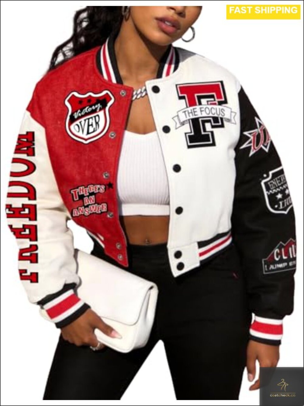 Womens Varsity Jacket Cropped Bomber Letterman Y2k Streetwear Casual